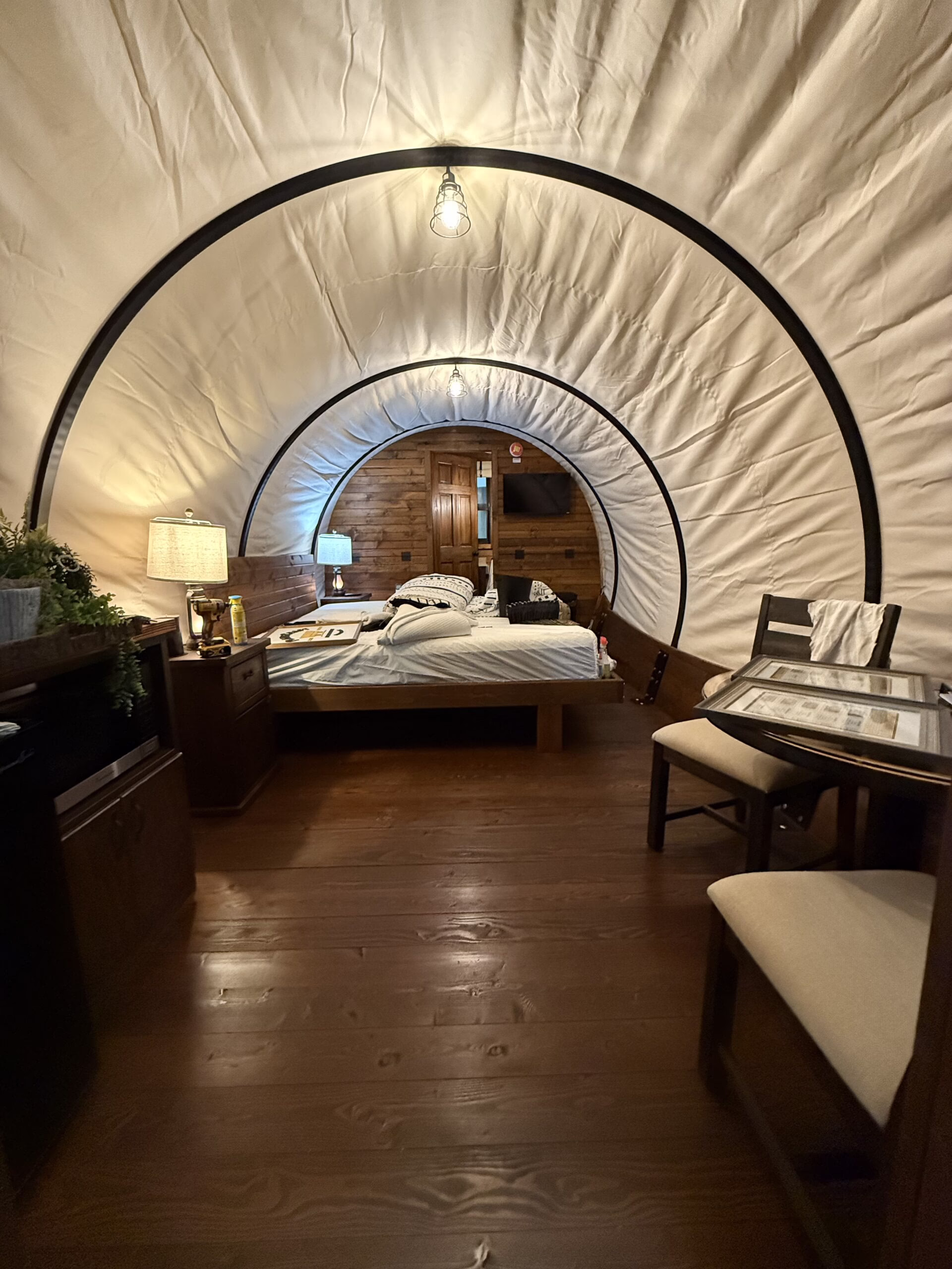 Pioneer Elite wagon interior with PlainsCraft furniture and queen bed